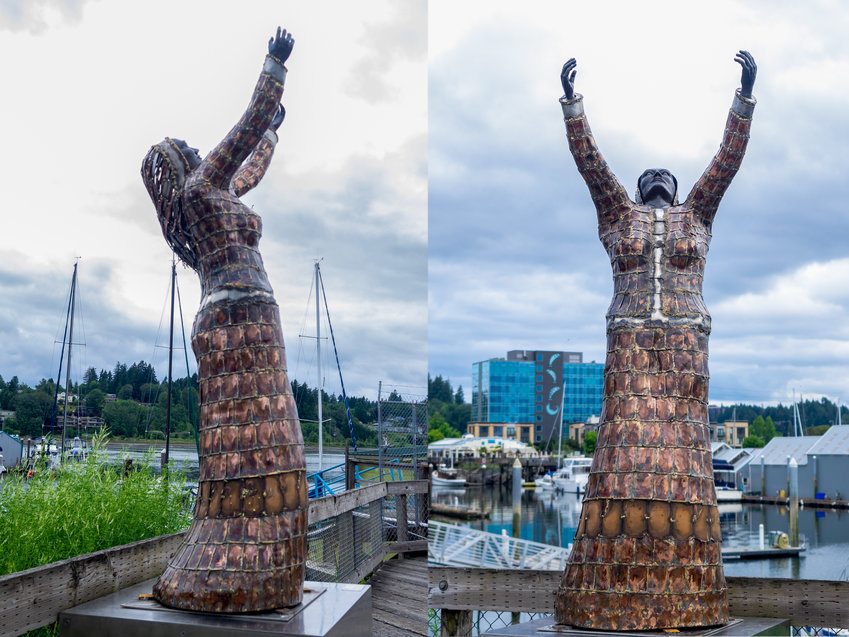 Why? by Jim Johnson. Medium bronze, steel and copper. Percival Plinth Project sculptures on Percival Landing.